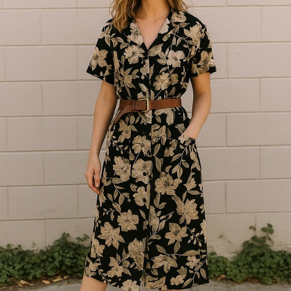 nu mode Dresses & Skirts - NU MODE | Vintage Floral Black and White Dress with Pockets